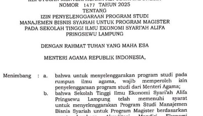 Selamat, STIES ALIFA Pringsewu Resmi Miliki Program Magister Bisnis Syariah