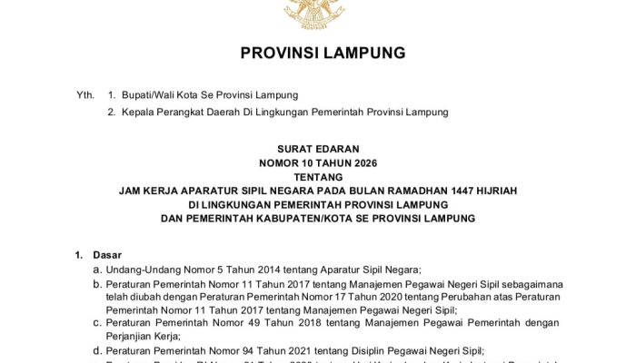 Pemprov Lampung Tetapkan Jam Kerja ASN Selama Ramadhan 1447 H