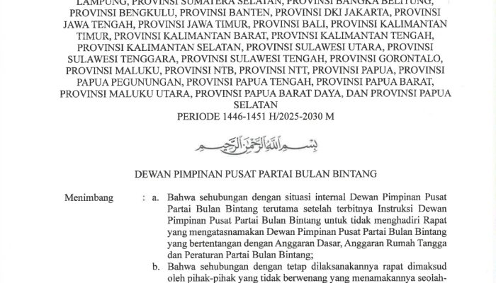 DPP PBB Bekukan 31 DPW, Terbitkan SK Resmi Terkait MDP yang Dinilai Cacat Hukum